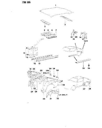 1988 Chrysler Conquest Roof & Front Pillar Diagram