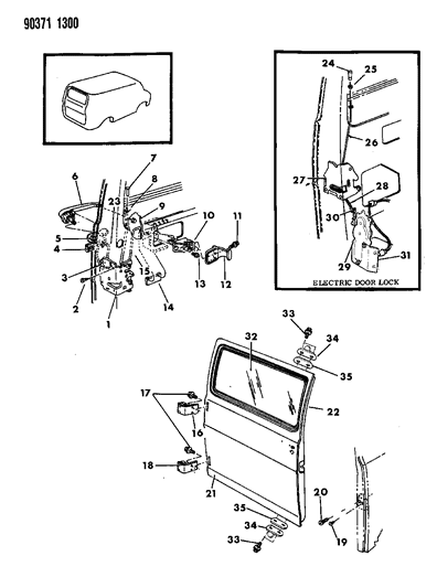 1991 Dodge Ram Wagon Door, Single Rear Cargo Glass, Controls And Weatherstrip Diagram