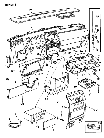 1989 Dodge Shadow Instrument Panel Radio, Bezels, Glovebox, Antenna Diagram