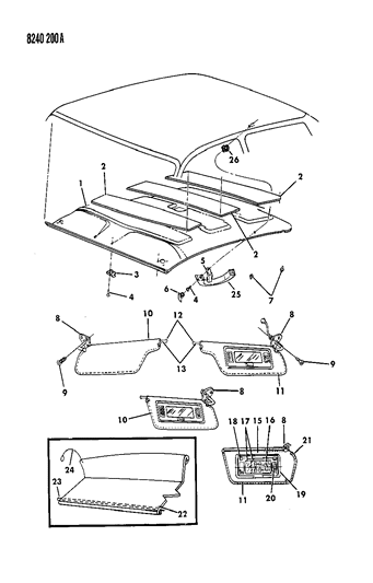 1988 Dodge Lancer Headliner Visor & Shelf Panel Diagram