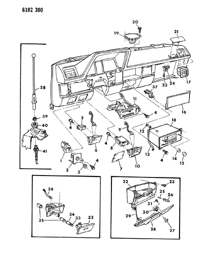 1986 Dodge Omni Instrument Panel Switches, Radio, Glovebox, Antenna & Speaker Diagram