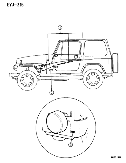 1994 Jeep Wrangler Decals, Bodyside Base Vehicle With Sport Tapes Diagram