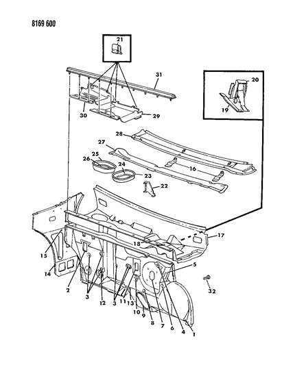 1988 Dodge Omni Cowl & Dash Panel Diagram