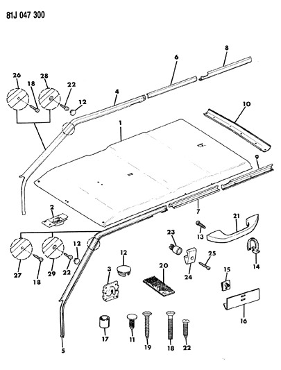 1986 Jeep Wagoneer Headlining & Upper Trim Mouldings Diagram