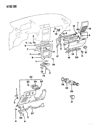 1991 Dodge Colt Instrument Panel Bezels & Glovebox Diagram 1