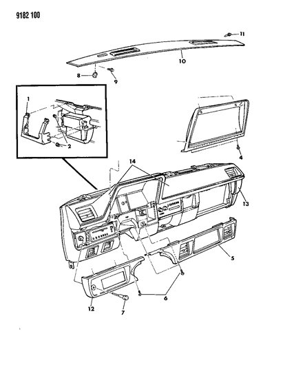1989 Dodge Omni Instrument Panel Bezels & Pad Diagram