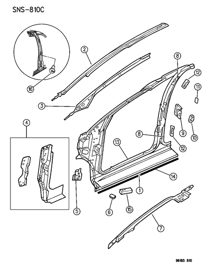 1996 Dodge Grand Caravan Body Front Pillar & Aperture Panel Diagram