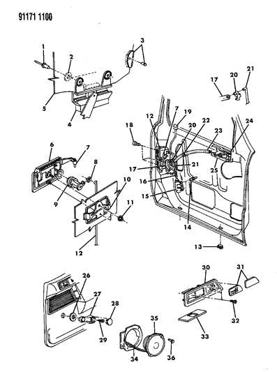 1991 Chrysler LeBaron Door, Front Glass, Handles & Controls Diagram