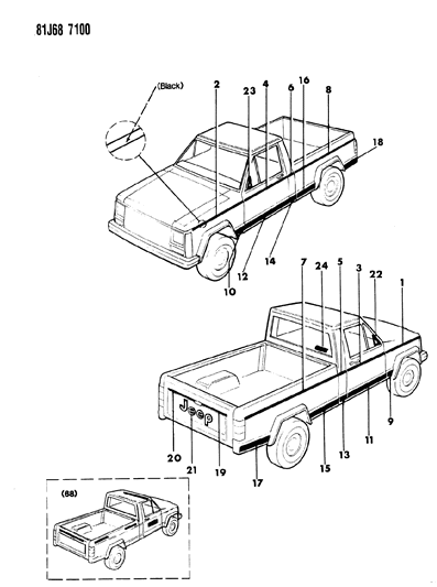 1986 Jeep Comanche Decals, Exterior Parts And Service Diagram