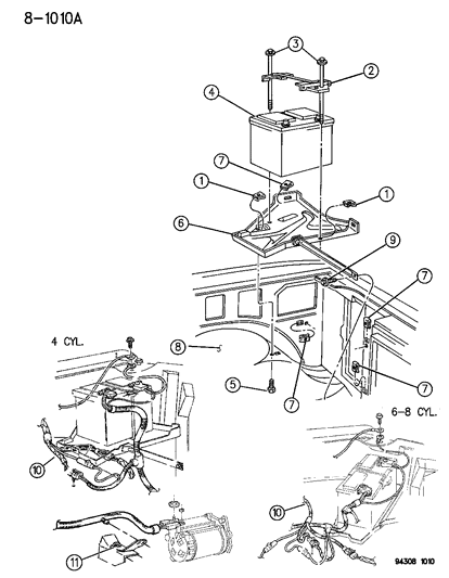 1994 Dodge Dakota Battery Tray & Cables Diagram