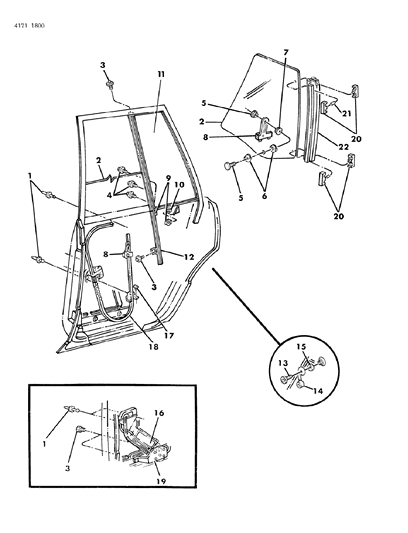 1984 Dodge 600 Convertible & Coupe Door, Rear Glass & Regulator Diagram