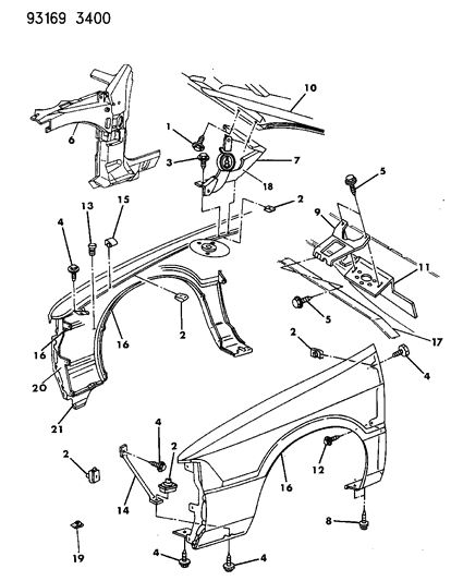 1993 Chrysler LeBaron Sedan Fender & Fender Brace Diagram