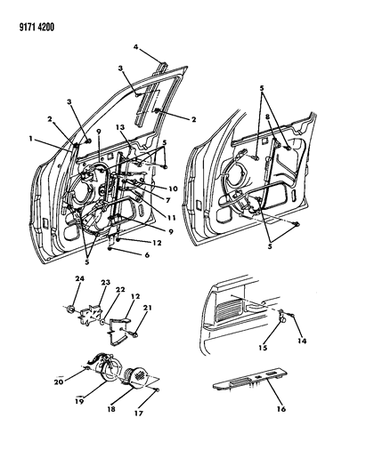 1989 Dodge Dynasty Door, Front Glass, Regulator & Speaker Diagram