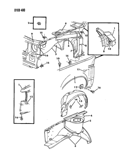 1988 Dodge Omni Fender & Shield Diagram