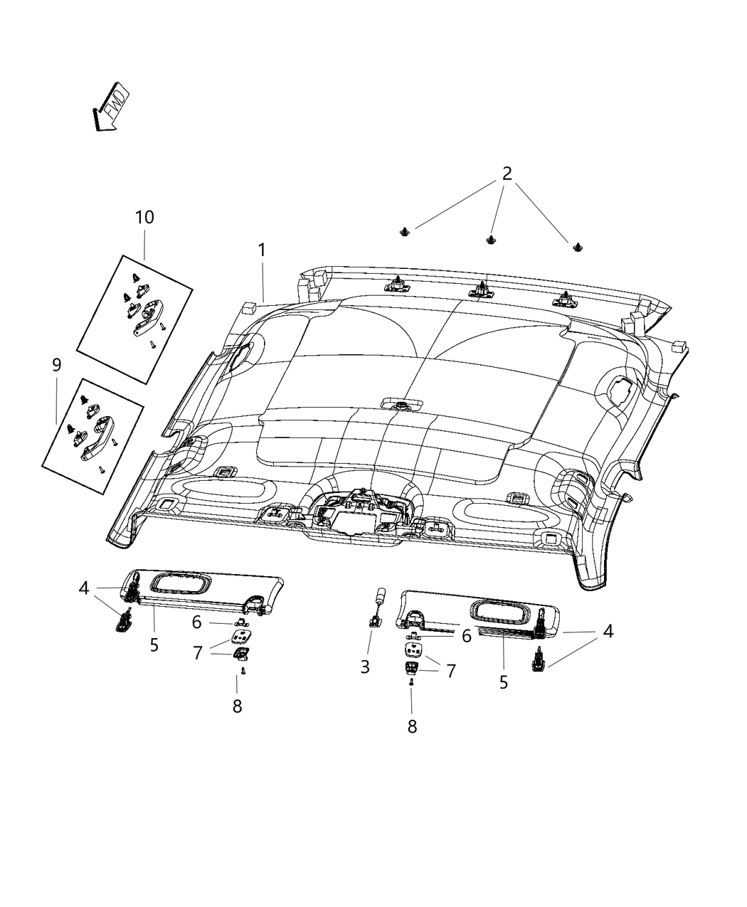 Mopar 6ZP65PS4AA Headliner Includes Overhead Console Retainer, Wiring, Sound Proof Pad, Washer Hose, Attaching Retainers