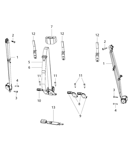 2016 Ram 3500 Seat Belts - Rear, Crew Cab And Mega Cab Diagram