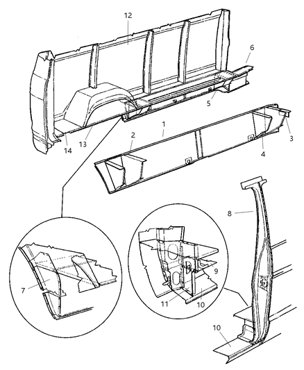 2001 Dodge Ram Wagon Panels, Pillars, Reinforcements, Left Side Diagram