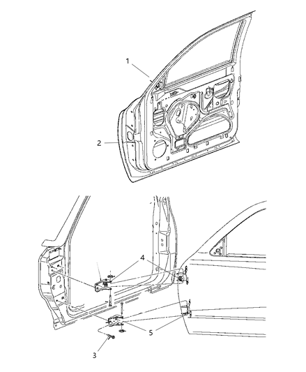 1999 Dodge Dakota Door, Front Shell & Hinges Diagram