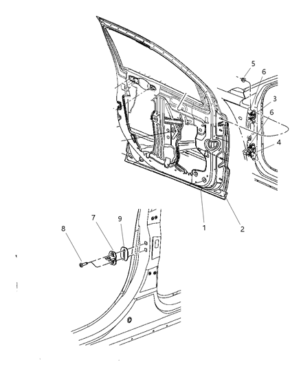 2009 Dodge Caliber Front Door, Shell & Hinges Diagram