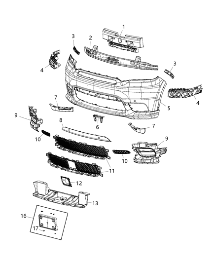 2018 Dodge Durango Front Upper Bumper Cover Diagram for 6RP39TZZAA