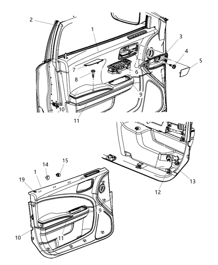 2011 Dodge Charger Front Door Trim Armrest Diagram for 1WK37GT5AA