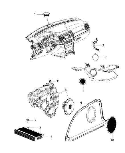 2014 Dodge Durango Speakers, Instrument Panel, Quarter Panels, And Amplifiers Diagram