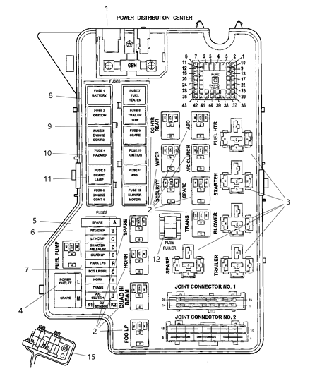 2001 Dodge Ram 3500 Power Distribution Center Relay & Fuses Diagram