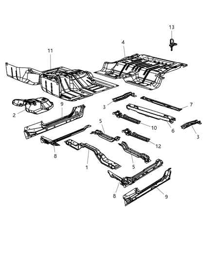 2012 Jeep Wrangler Front, Center & Rear Floor Pan Diagram