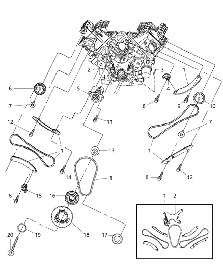 2007 Dodge Dakota Timing Chain & Cover & Mounting & Guides Diagram 2