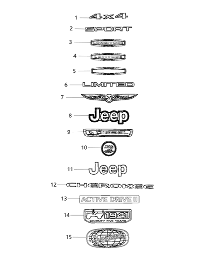 2016 Jeep Cherokee Nameplates - Emblem & Medallions Diagram