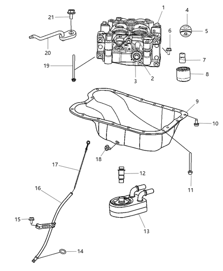 2008 Dodge Caliber Engine Oil Pan & Engine Oil Level Indicator & Related Parts Diagram 2