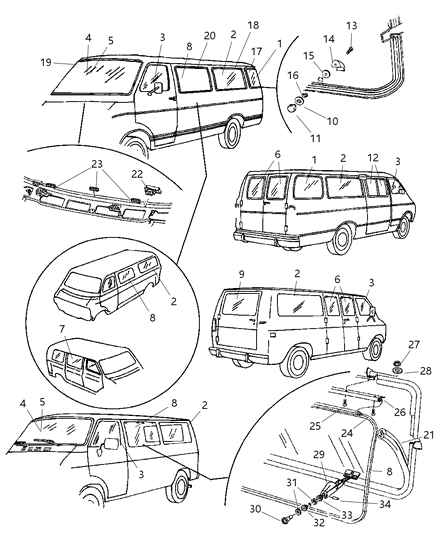 1999 Dodge Ram Van Glass & Weatherstrips Diagram