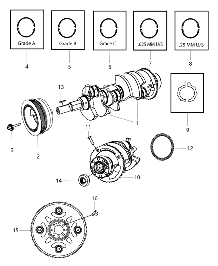 2008 Dodge Dakota Crankshaft , Crankshaft Bearings , Damper , Flywheel And Flex plate Diagram 2