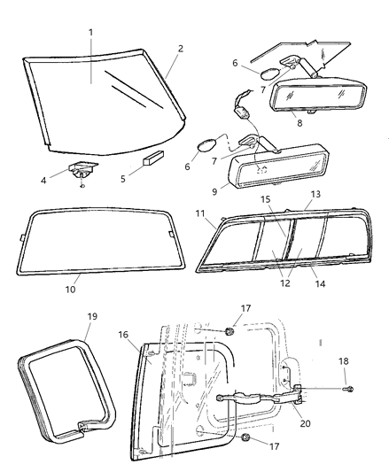 1999 Dodge Ram 1500 Glass, Windshield, Backlite, Quarter Window & Mirror Diagram