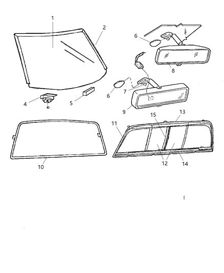 2002 Dodge Ram 2500 Glass, Windshield, Backlite, Quarter, Inside Mirror Diagram