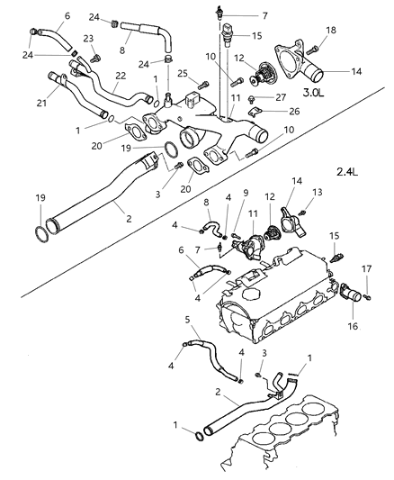 2003 Dodge Stratus Thermostat & Related Parts Diagram