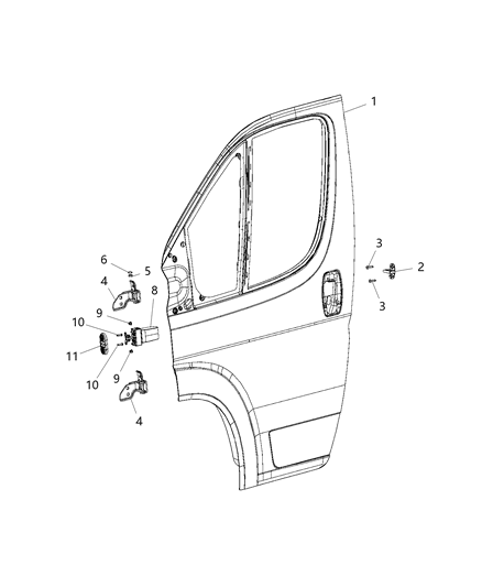 2018 Ram ProMaster 1500 Front Door, Shell & Hinges Diagram