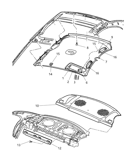 2000 Dodge Neon Headliner, Visor & Shelf Panel Diagram