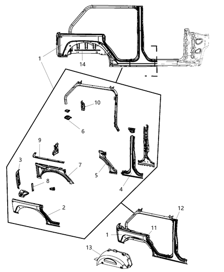 2010 Jeep Wrangler Panel Kit-Body Side Aperture Rear Diagram for 68002324AE