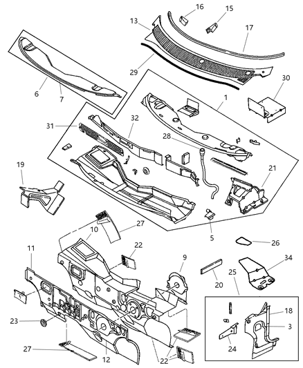 1999 Dodge Neon Cowl & Dash Panel Diagram