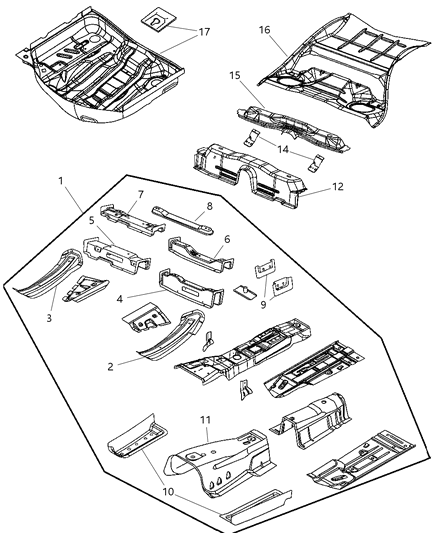 2006 Chrysler 300 Front, Center & Rear Floor Pan Diagram