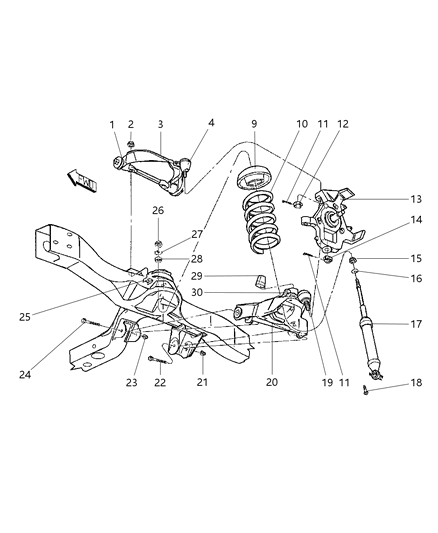 2001 Dodge Dakota Suspension - Front, Control Arms, Spring, Shock, Knuckle Diagram