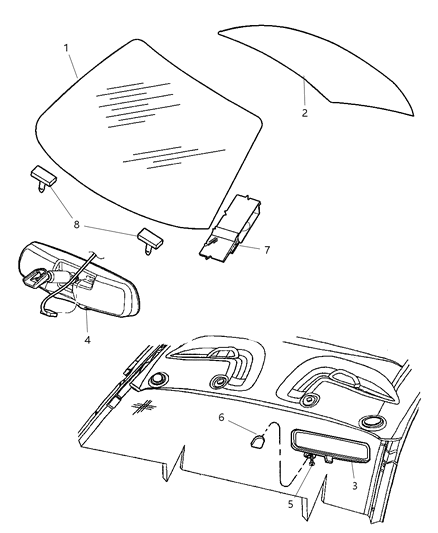 2000 Dodge Neon Windshield, Backlite And Mirror Diagram