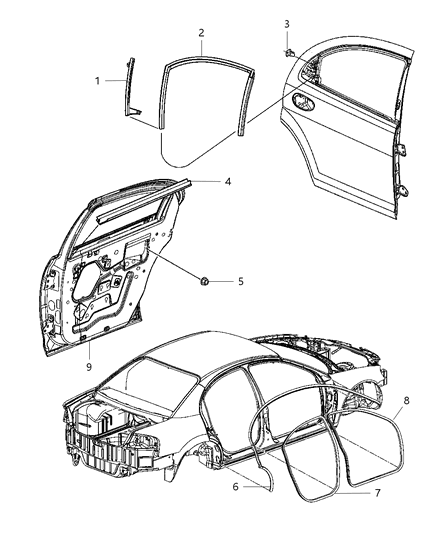2001 Chrysler Sebring Sedan & Convertible Weatherstrips - Rear Door Diagram