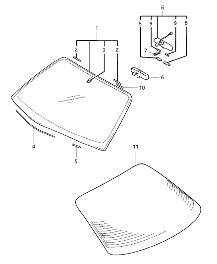 2000 Dodge Avenger Windshield, Rear Glass, And Mirror Diagram