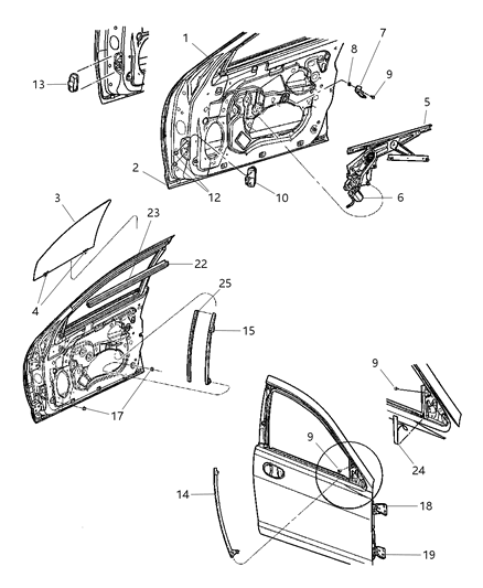 2002 Dodge Stratus Front Door, Shell, Hinge, Glass And Regulator Diagram