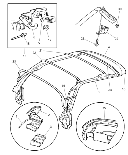 1997 Chrysler Sebring Rail, Header And Latch Assembly Diagram