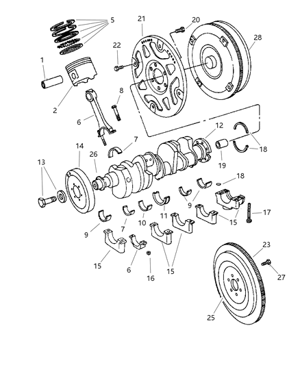 2002 Dodge Ram 2500 Quad & Club Cab Crankshaft , Piston , Flywheel And Torque Converter Diagram 1