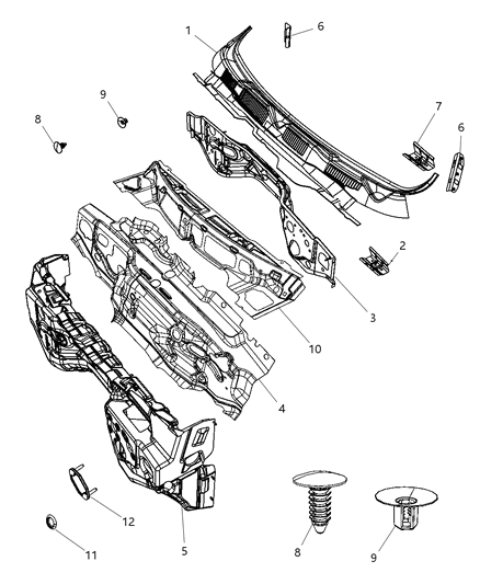 2009 Dodge Ram 1500 Cowl, Dash Panel & Related Parts Diagram