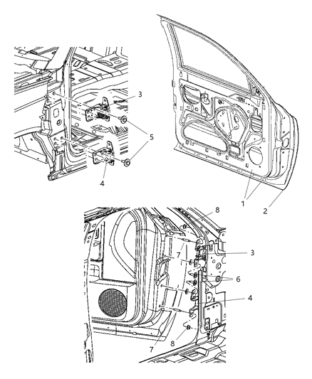 2006 Dodge Dakota Door, Front Shell & Hinges Diagram